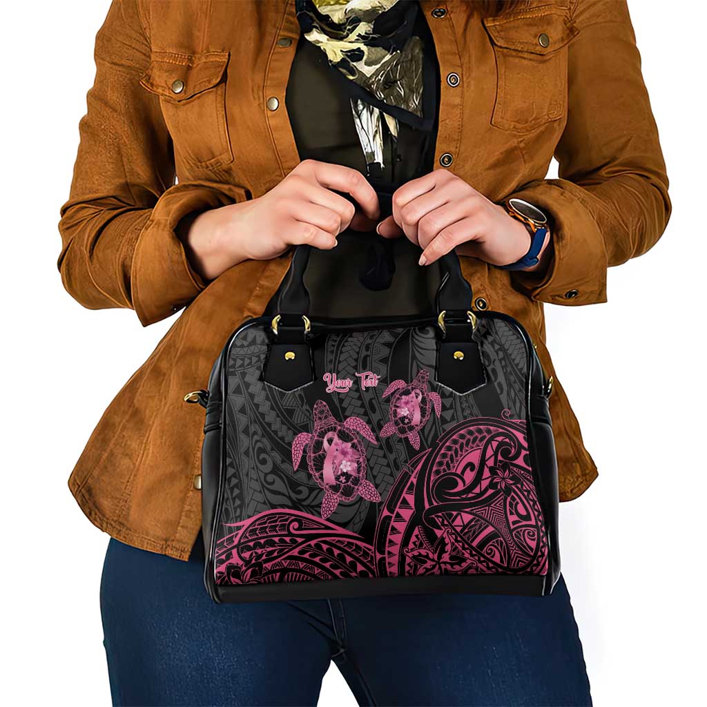 Personalised Polynesia Breast Cancer Awareness Shoulder Handbag No One Fights Alone Turtle Ribbon - Black Version