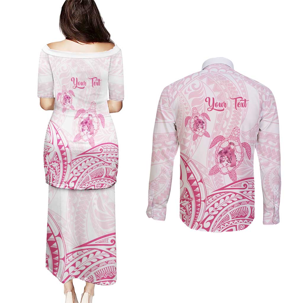 Personalised Polynesia Breast Cancer Awareness Couples Matching Puletasi and Long Sleeve Button Shirt No One Fights Alone Turtle Ribbon - White Version