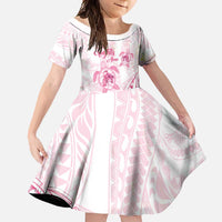 Personalised Polynesia Breast Cancer Awareness Family Matching Long Sleeve Bodycon Dress and Hawaiian Shirt No One Fights Alone Turtle Ribbon - White Version LT14 Daughter's Dress White - Polynesian Pride