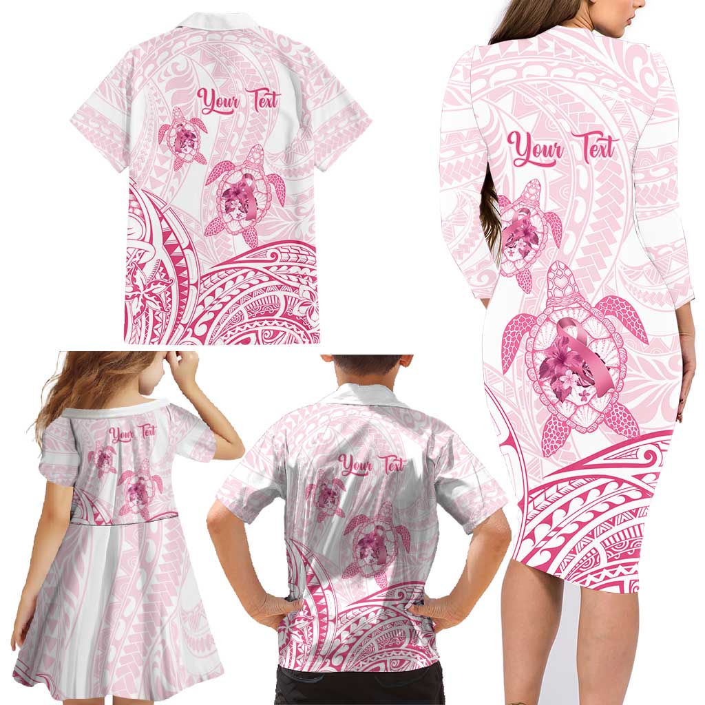 Personalised Polynesia Breast Cancer Awareness Family Matching Long Sleeve Bodycon Dress and Hawaiian Shirt No One Fights Alone Turtle Ribbon - White Version LT14 - Polynesian Pride