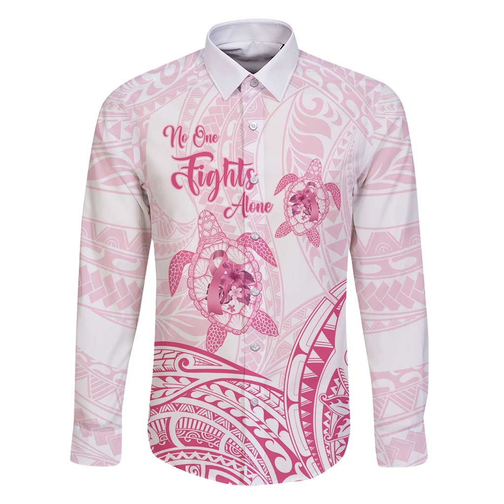 Personalised Polynesia Breast Cancer Awareness Family Matching Long Sleeve Bodycon Dress and Hawaiian Shirt No One Fights Alone Turtle Ribbon - White Version LT14 Dad's Shirt - Long Sleeve White - Polynesian Pride
