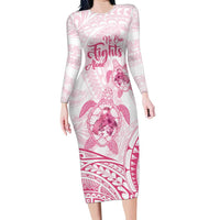 Personalised Polynesia Breast Cancer Awareness Family Matching Long Sleeve Bodycon Dress and Hawaiian Shirt No One Fights Alone Turtle Ribbon - White Version LT14 Mom's Dress White - Polynesian Pride