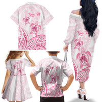 Personalised Polynesia Breast Cancer Awareness Family Matching Off The Shoulder Long Sleeve Dress and Hawaiian Shirt No One Fights Alone Turtle Ribbon - White Version LT14 - Polynesian Pride