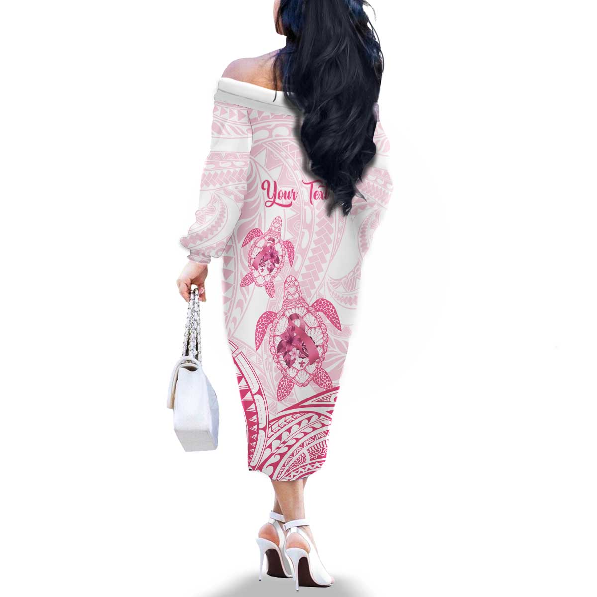 Personalised Polynesia Breast Cancer Awareness Family Matching Off The Shoulder Long Sleeve Dress and Hawaiian Shirt No One Fights Alone Turtle Ribbon - White Version LT14 - Polynesian Pride