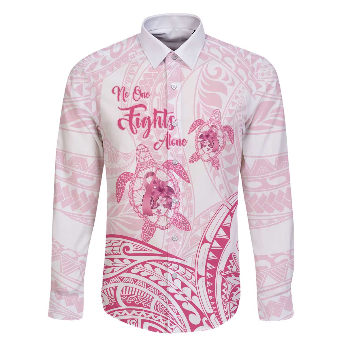 Personalised Polynesia Breast Cancer Awareness Family Matching Off Shoulder Short Dress and Hawaiian Shirt No One Fights Alone Turtle Ribbon - White Version