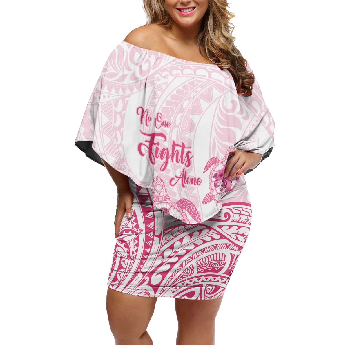 Personalised Polynesia Breast Cancer Awareness Family Matching Off Shoulder Short Dress and Hawaiian Shirt No One Fights Alone Turtle Ribbon - White Version