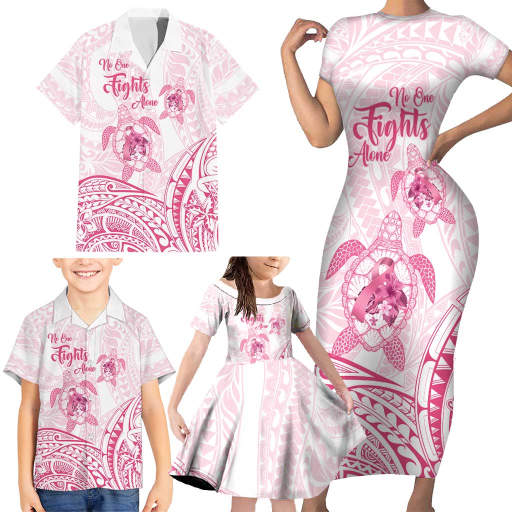 Personalised Polynesia Breast Cancer Awareness Family Matching Short Sleeve Bodycon Dress and Hawaiian Shirt No One Fights Alone Turtle Ribbon - White Version LT14 - Polynesian Pride