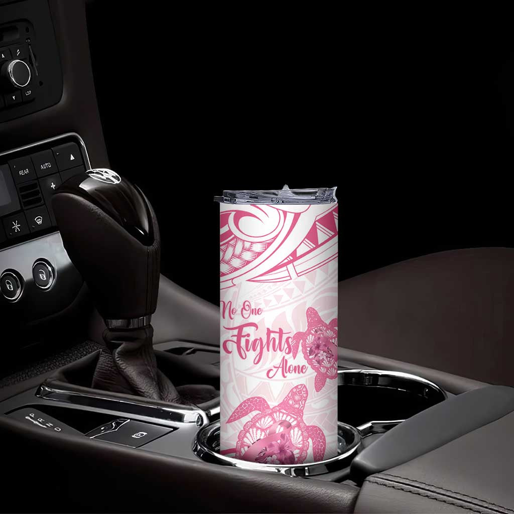 Personalised Polynesia Breast Cancer Awareness Skinny Tumbler No One Fights Alone Turtle Ribbon - White Version