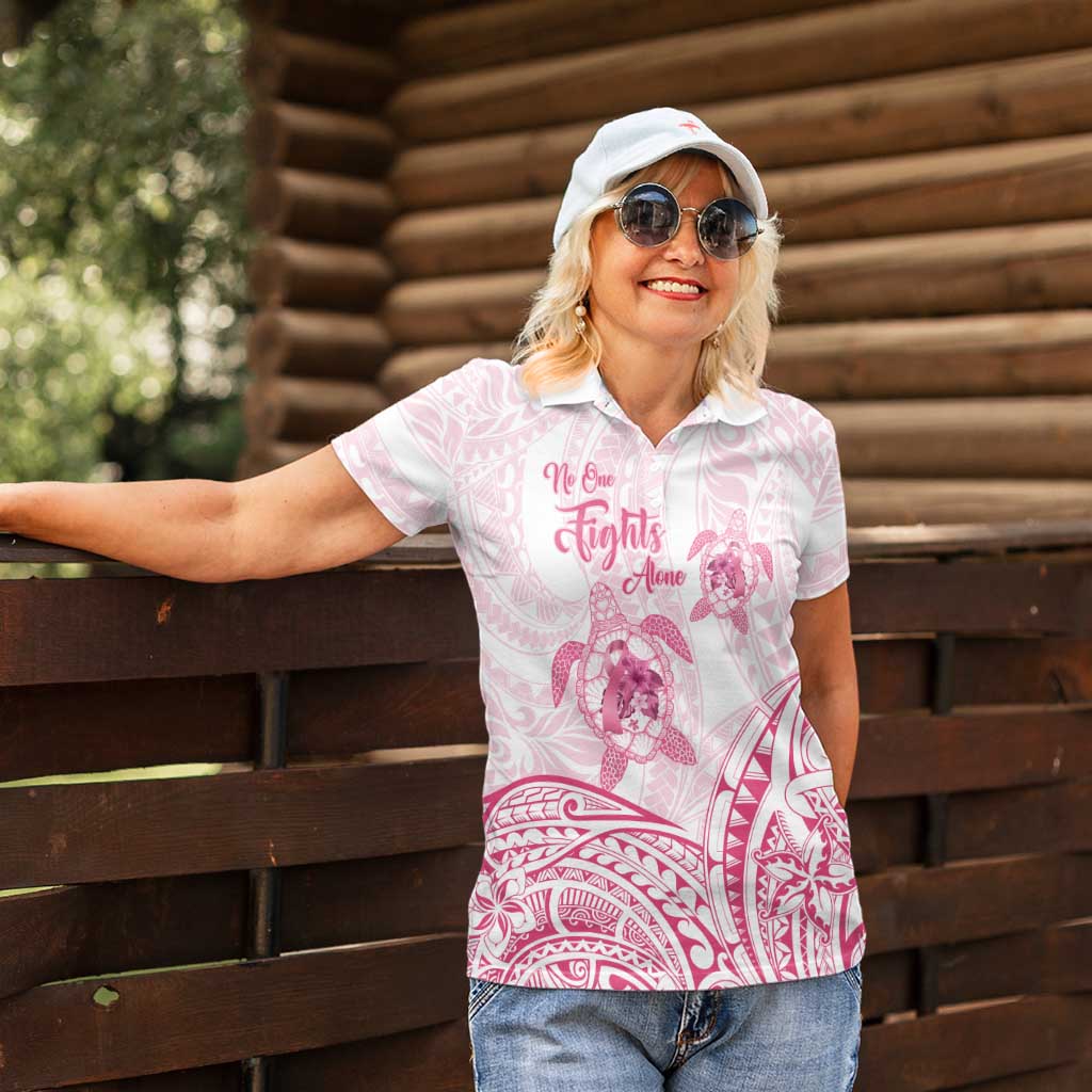 Personalised Polynesia Breast Cancer Awareness Women Polo Shirt No One Fights Alone Turtle Ribbon - White Version