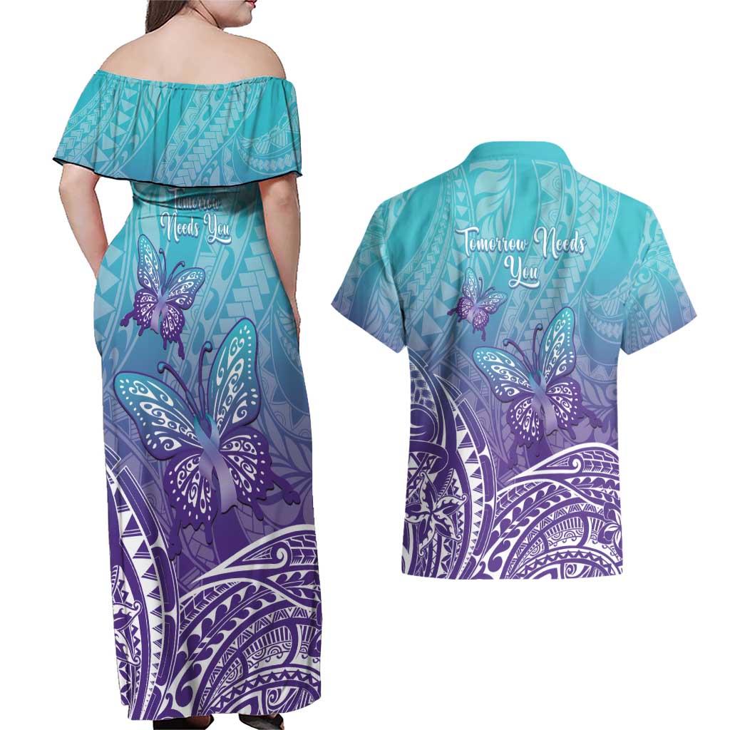 Polynesia Suicide Prevention Month Couples Matching Off Shoulder Maxi Dress and Hawaiian Shirt Butterfly Purple And Teal Ribbon Tomorrow Needs You