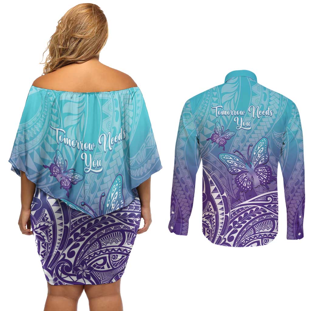 Polynesia Suicide Prevention Month Couples Matching Off Shoulder Short Dress and Long Sleeve Button Shirt Butterfly Purple And Teal Ribbon Tomorrow Needs You