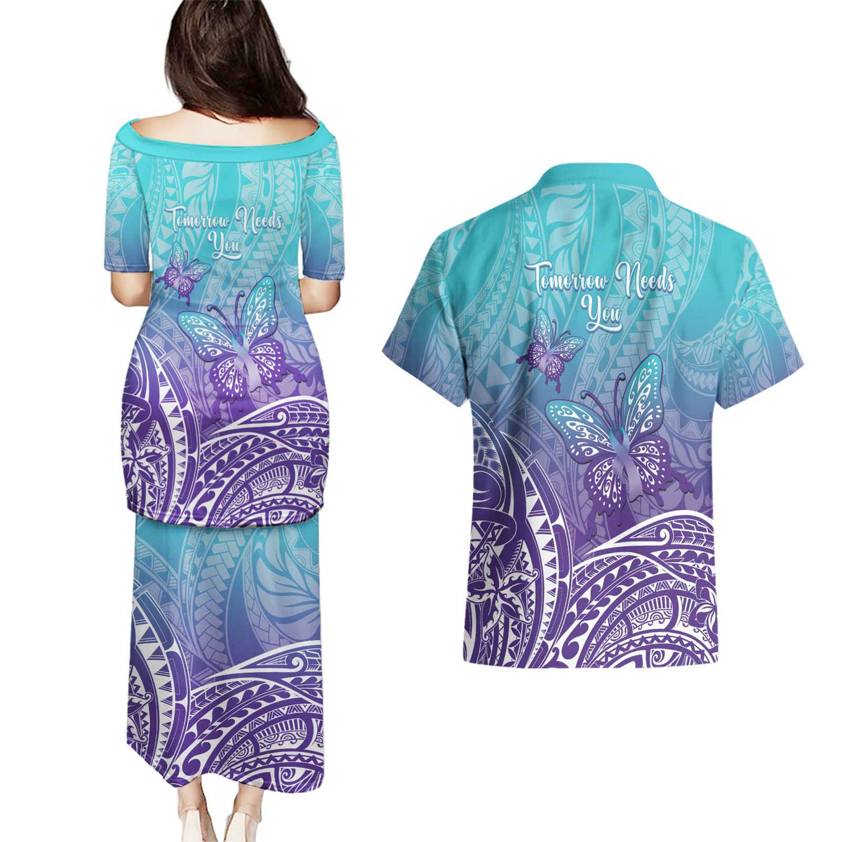 Polynesia Suicide Prevention Month Couples Matching Puletasi and Hawaiian Shirt Butterfly Purple And Teal Ribbon Tomorrow Needs You