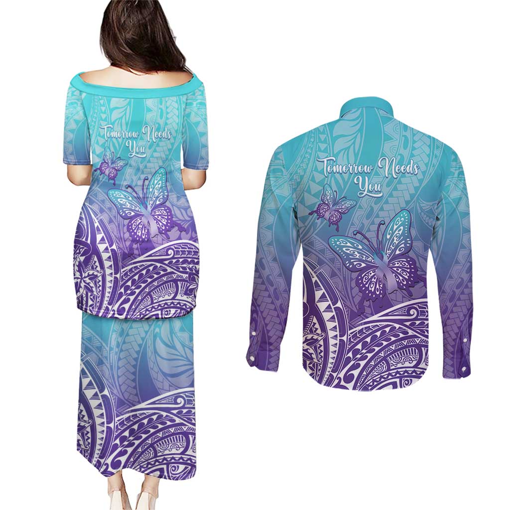 Polynesia Suicide Prevention Month Couples Matching Puletasi and Long Sleeve Button Shirt Butterfly Purple And Teal Ribbon Tomorrow Needs You