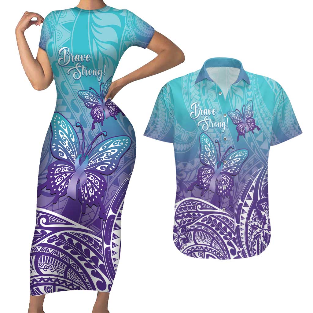 Polynesia Suicide Prevention Month Couples Matching Short Sleeve Bodycon Dress and Hawaiian Shirt Butterfly Purple And Teal Ribbon Tomorrow Needs You LT14 Teal - Polynesian Pride