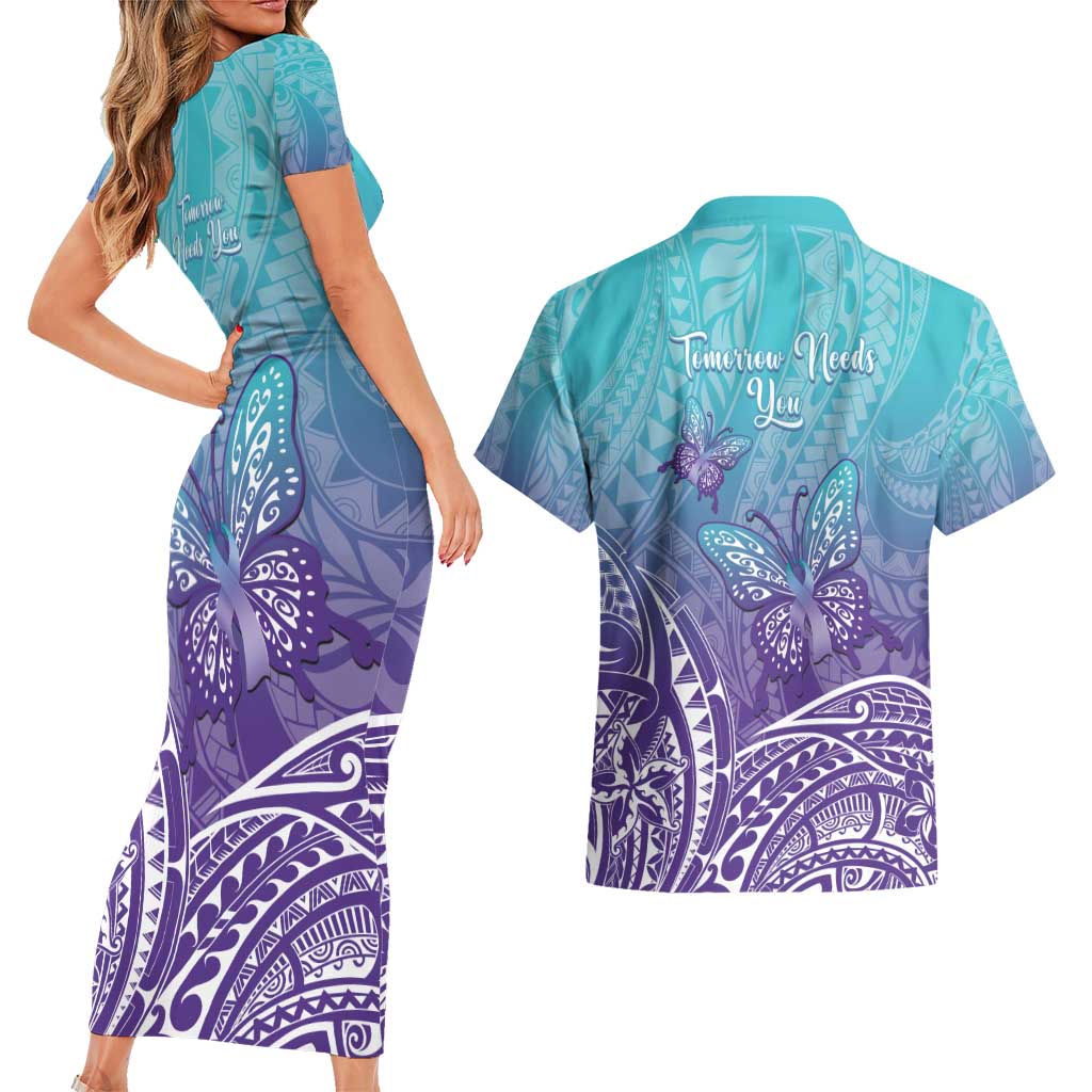 Polynesia Suicide Prevention Month Couples Matching Short Sleeve Bodycon Dress and Hawaiian Shirt Butterfly Purple And Teal Ribbon Tomorrow Needs You LT14 - Polynesian Pride