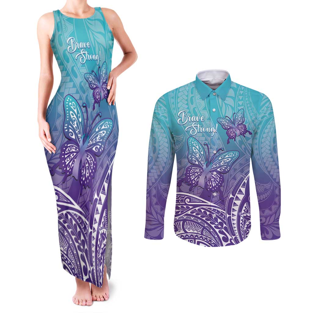 Polynesia Suicide Prevention Month Couples Matching Tank Maxi Dress and Long Sleeve Button Shirt Butterfly Purple And Teal Ribbon Tomorrow Needs You