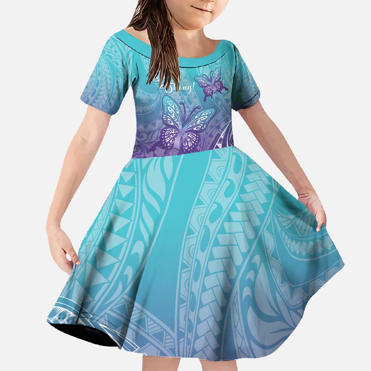 Polynesia Suicide Prevention Month Family Matching Off The Shoulder Long Sleeve Dress and Hawaiian Shirt Butterfly Purple And Teal Ribbon Tomorrow Needs You LT14 Daughter's Dress Teal - Polynesian Pride