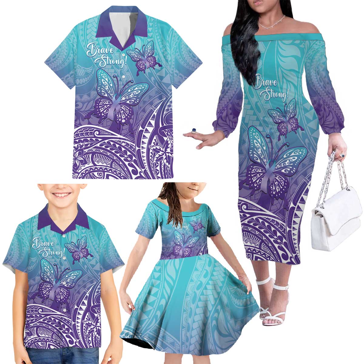 Polynesia Suicide Prevention Month Family Matching Off The Shoulder Long Sleeve Dress and Hawaiian Shirt Butterfly Purple And Teal Ribbon Tomorrow Needs You LT14 - Polynesian Pride