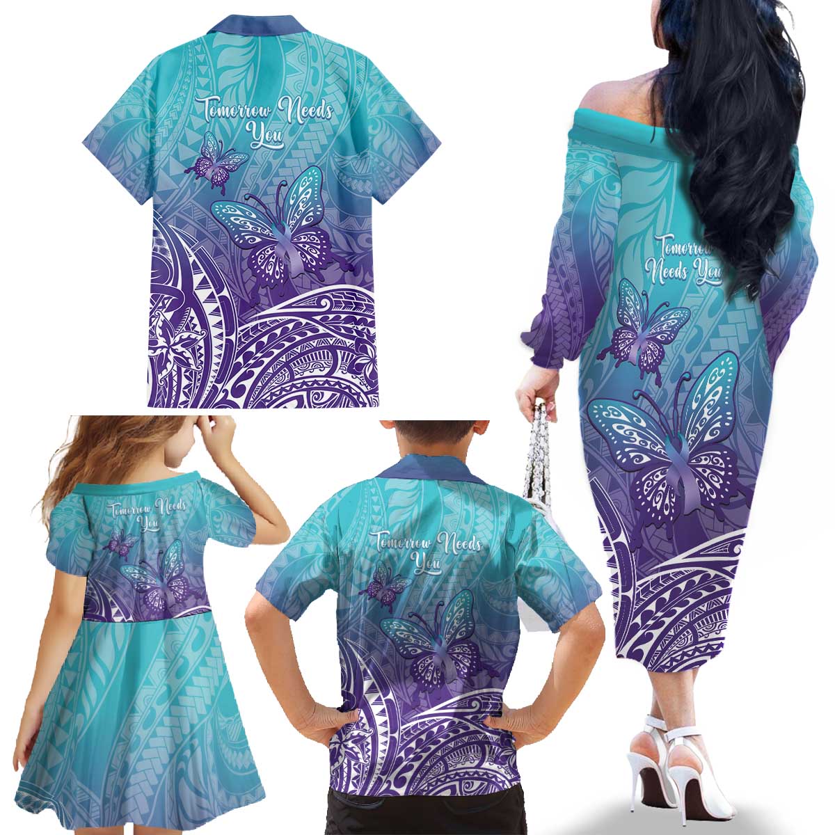 Polynesia Suicide Prevention Month Family Matching Off The Shoulder Long Sleeve Dress and Hawaiian Shirt Butterfly Purple And Teal Ribbon Tomorrow Needs You LT14 - Polynesian Pride