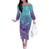 Polynesia Suicide Prevention Month Family Matching Off The Shoulder Long Sleeve Dress and Hawaiian Shirt Butterfly Purple And Teal Ribbon Tomorrow Needs You LT14 Mom's Dress Teal - Polynesian Pride