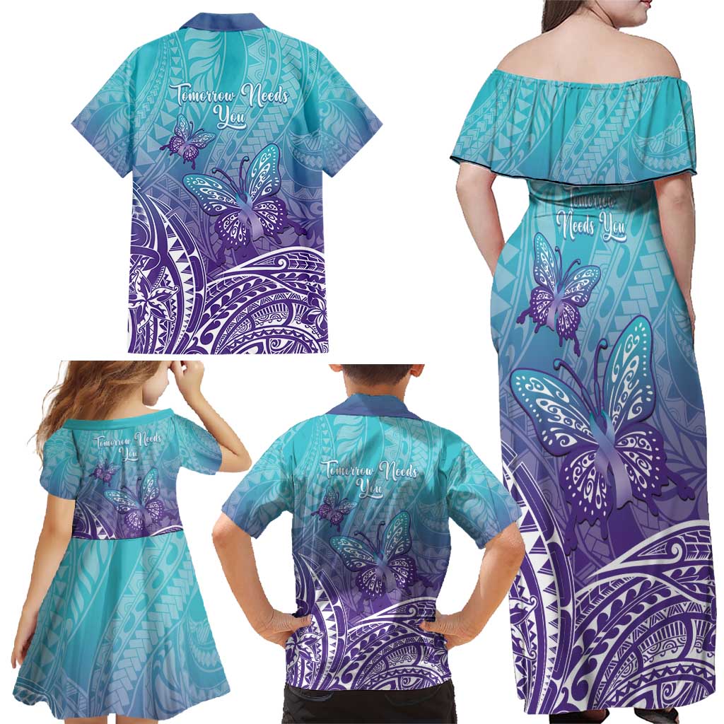 Polynesia Suicide Prevention Month Family Matching Off Shoulder Maxi Dress and Hawaiian Shirt Butterfly Purple And Teal Ribbon Tomorrow Needs You LT14 - Polynesian Pride