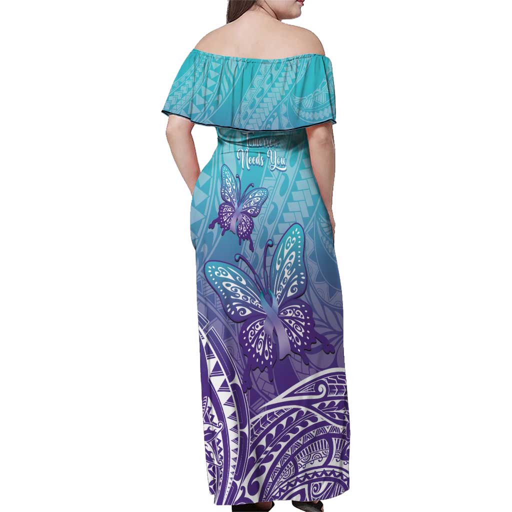 Polynesia Suicide Prevention Month Family Matching Off Shoulder Maxi Dress and Hawaiian Shirt Butterfly Purple And Teal Ribbon Tomorrow Needs You LT14 - Polynesian Pride