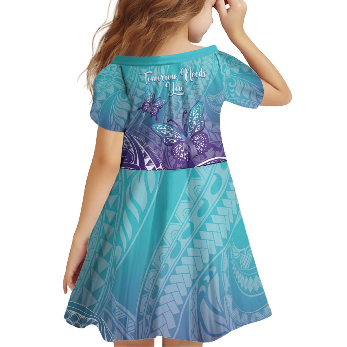 Polynesia Suicide Prevention Month Kid Short Sleeve Dress Butterfly Purple And Teal Ribbon Tomorrow Needs You