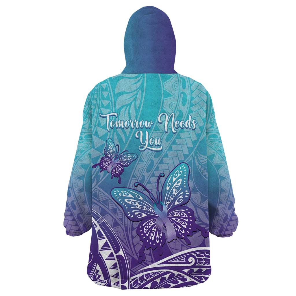 Polynesia Suicide Prevention Month Wearable Blanket Hoodie Butterfly Purple And Teal Ribbon Tomorrow Needs You