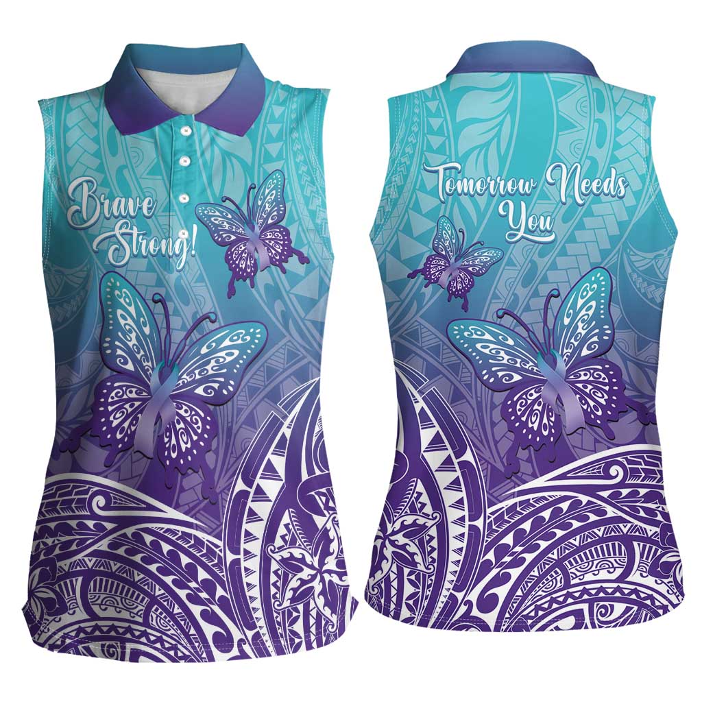 Polynesia Suicide Prevention Month Women Sleeveless Polo Shirt Butterfly Purple And Teal Ribbon Tomorrow Needs You