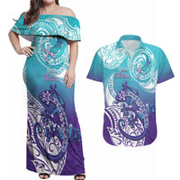 Personalised New Zealand Suicide Prevention Month Couples Matching Off Shoulder Maxi Dress and Hawaiian Shirt You Matter NZ Fern With Maori Koru Lizard LT14 Teal - Polynesian Pride