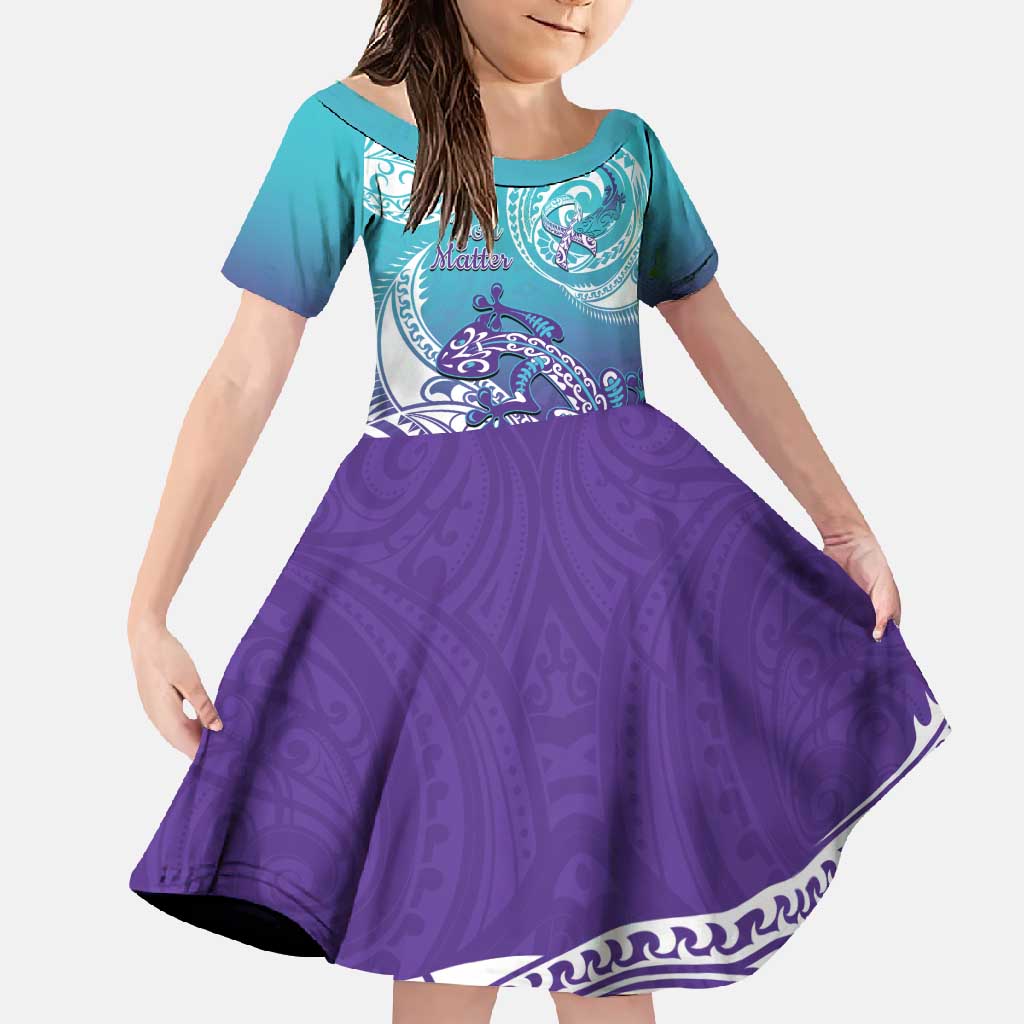 Personalised New Zealand Suicide Prevention Month Family Matching Long Sleeve Bodycon Dress and Hawaiian Shirt You Matter NZ Fern With Maori Koru Lizard LT14 Daughter's Dress Teal - Polynesian Pride