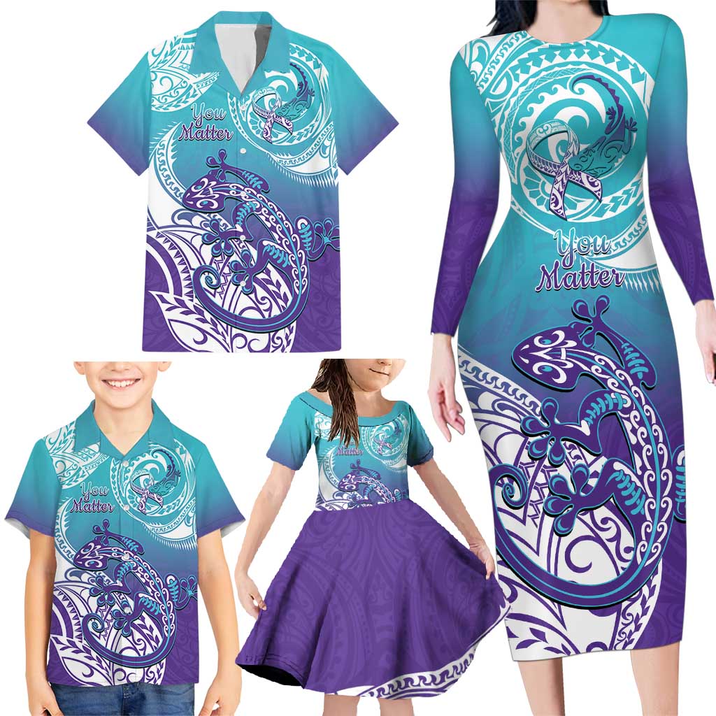 Personalised New Zealand Suicide Prevention Month Family Matching Long Sleeve Bodycon Dress and Hawaiian Shirt You Matter NZ Fern With Maori Koru Lizard LT14 - Polynesian Pride