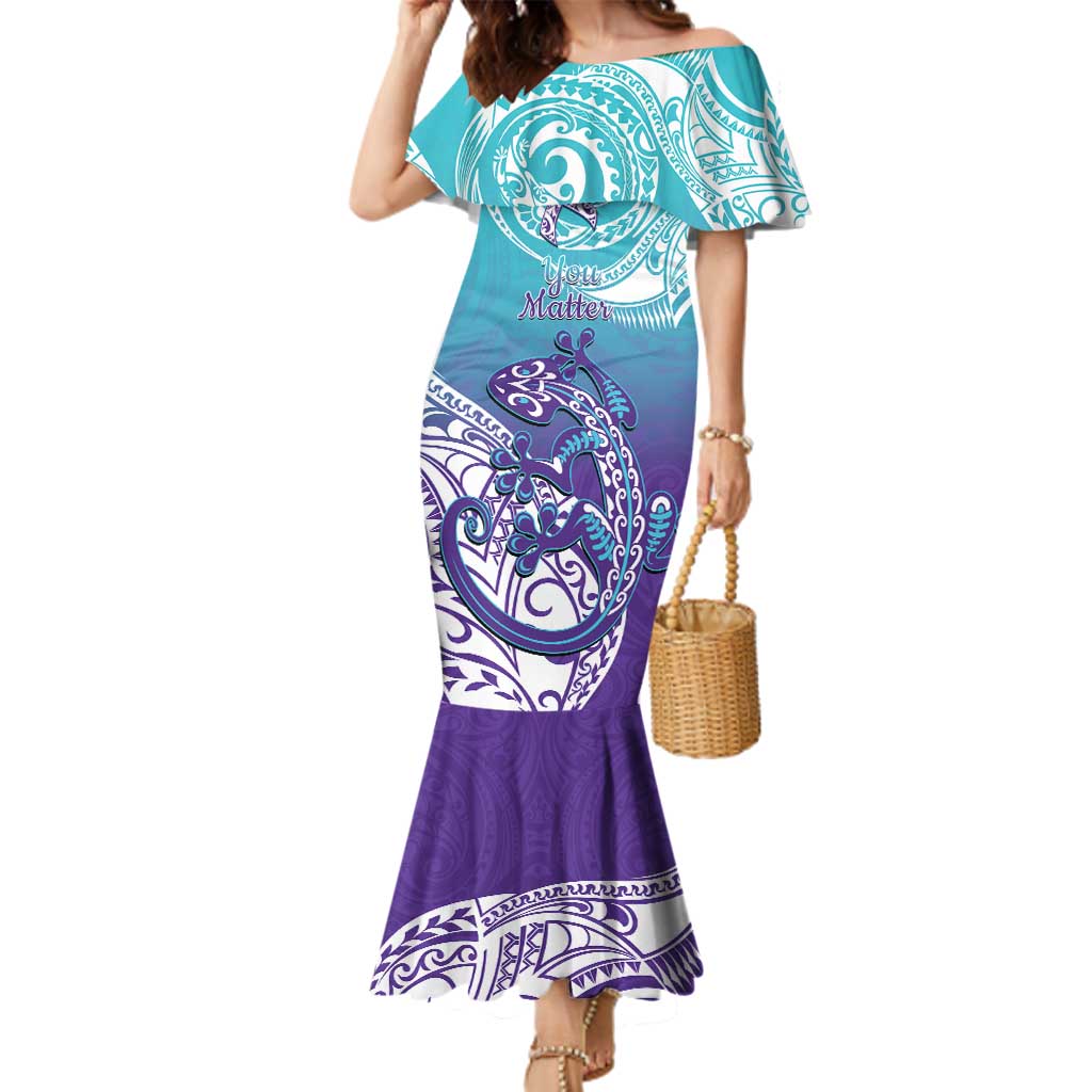 Personalised New Zealand Suicide Prevention Month Family Matching Mermaid Dress and Hawaiian Shirt You Matter NZ Fern With Maori Koru Lizard LT14 Mom's Dress Teal - Polynesian Pride