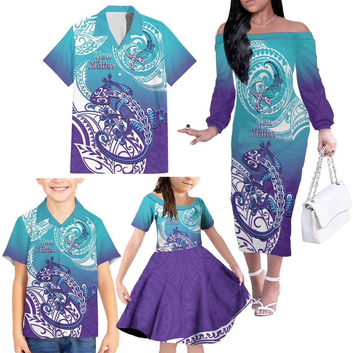 Personalised New Zealand Suicide Prevention Month Family Matching Off The Shoulder Long Sleeve Dress and Hawaiian Shirt You Matter NZ Fern With Maori Koru Lizard LT14 - Polynesian Pride