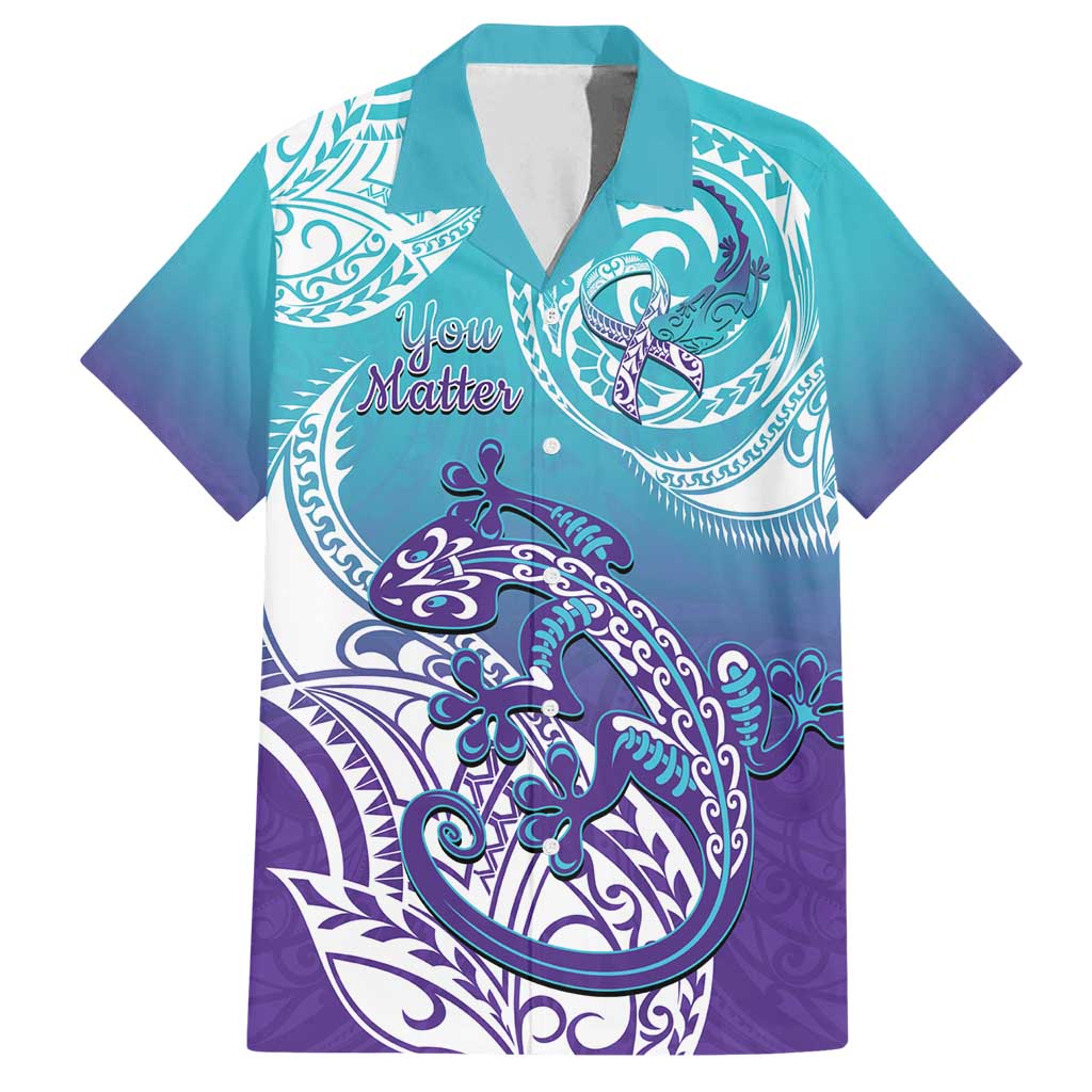 Personalised New Zealand Suicide Prevention Month Family Matching Off Shoulder Maxi Dress and Hawaiian Shirt You Matter NZ Fern With Maori Koru Lizard LT14 Dad's Shirt - Short Sleeve Teal - Polynesian Pride