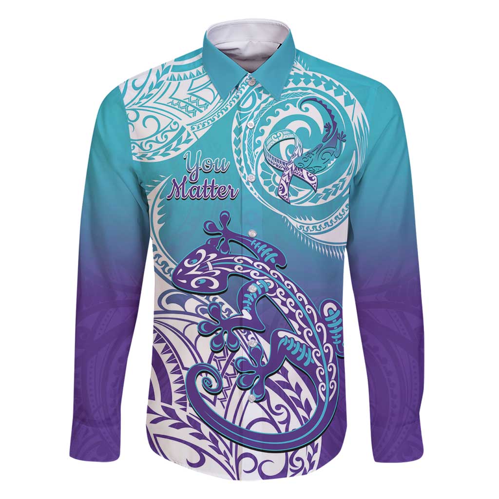 Personalised New Zealand Suicide Prevention Month Family Matching Off Shoulder Maxi Dress and Hawaiian Shirt You Matter NZ Fern With Maori Koru Lizard LT14 Dad's Shirt - Long Sleeve Teal - Polynesian Pride