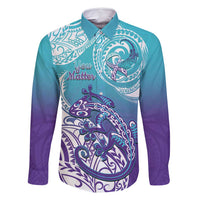 Personalised New Zealand Suicide Prevention Month Family Matching Off Shoulder Maxi Dress and Hawaiian Shirt You Matter NZ Fern With Maori Koru Lizard LT14 Dad's Shirt - Long Sleeve Teal - Polynesian Pride