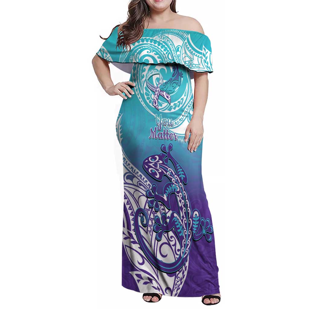 Personalised New Zealand Suicide Prevention Month Family Matching Off Shoulder Maxi Dress and Hawaiian Shirt You Matter NZ Fern With Maori Koru Lizard LT14 Mom's Dress Teal - Polynesian Pride