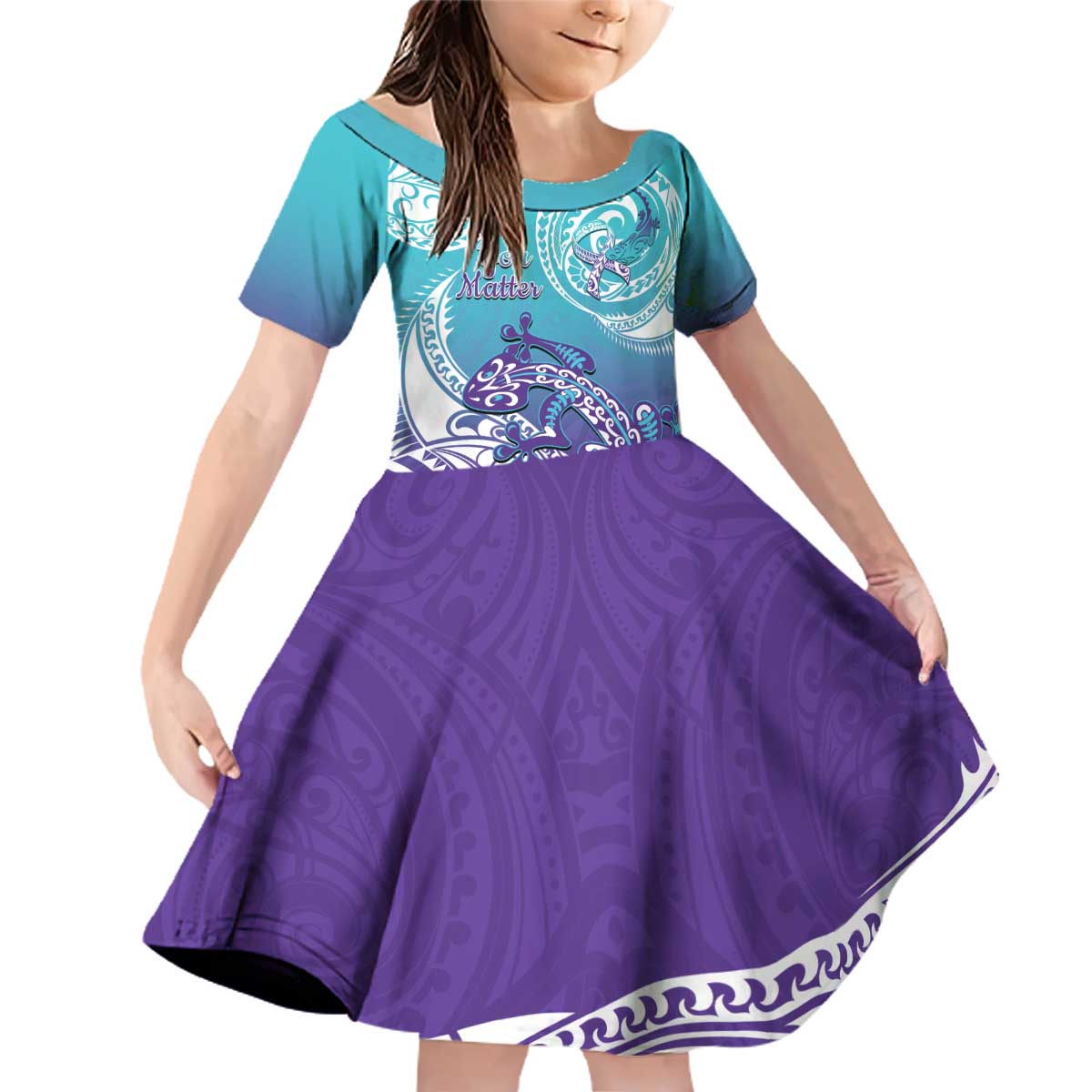 Personalised New Zealand Suicide Prevention Month Family Matching Off Shoulder Short Dress and Hawaiian Shirt You Matter NZ Fern With Maori Koru Lizard LT14 Daughter's Dress Teal - Polynesian Pride