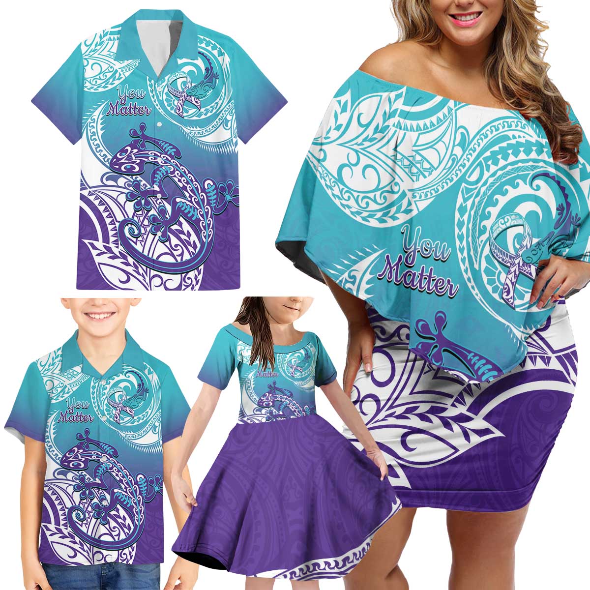 Personalised New Zealand Suicide Prevention Month Family Matching Off Shoulder Short Dress and Hawaiian Shirt You Matter NZ Fern With Maori Koru Lizard LT14 - Polynesian Pride