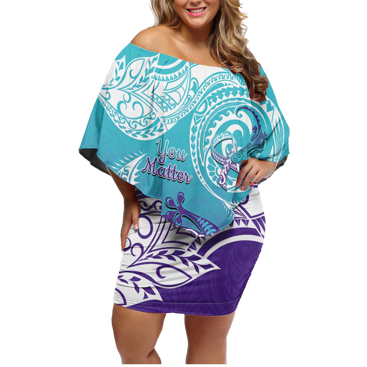 Personalised New Zealand Suicide Prevention Month Family Matching Off Shoulder Short Dress and Hawaiian Shirt You Matter NZ Fern With Maori Koru Lizard LT14 Mom's Dress Teal - Polynesian Pride