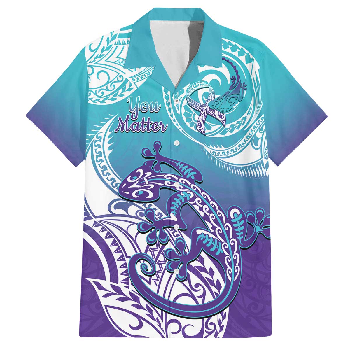 Personalised New Zealand Suicide Prevention Month Family Matching Puletasi and Hawaiian Shirt You Matter NZ Fern With Maori Koru Lizard LT14 Dad's Shirt - Short Sleeve Teal - Polynesian Pride