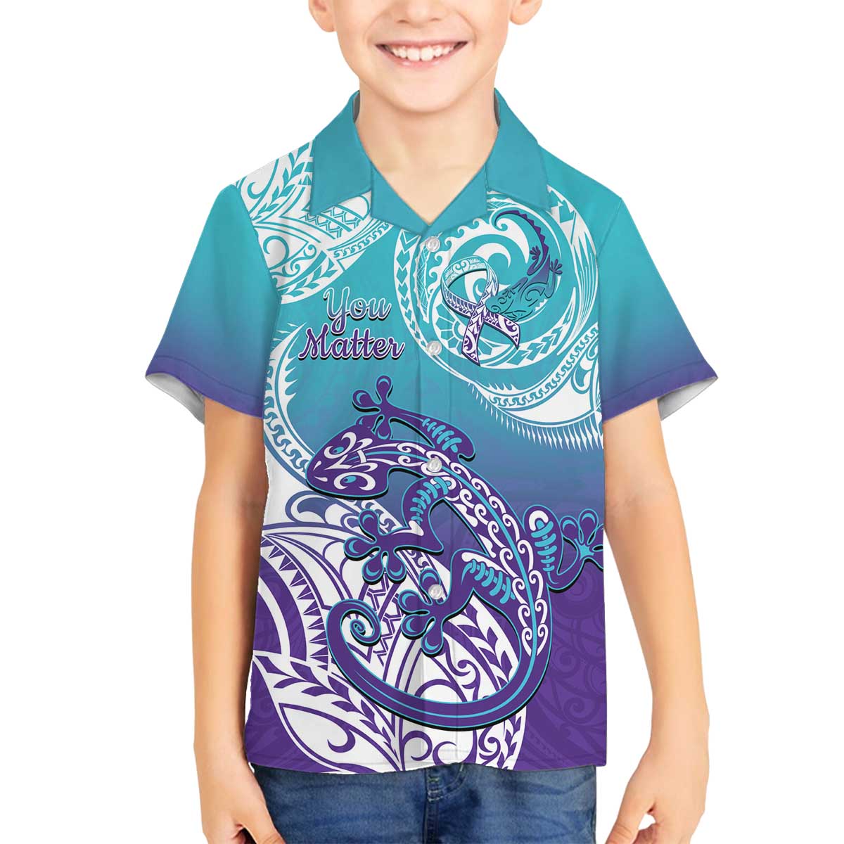Personalised New Zealand Suicide Prevention Month Family Matching Puletasi and Hawaiian Shirt You Matter NZ Fern With Maori Koru Lizard LT14 Son's Shirt Teal - Polynesian Pride