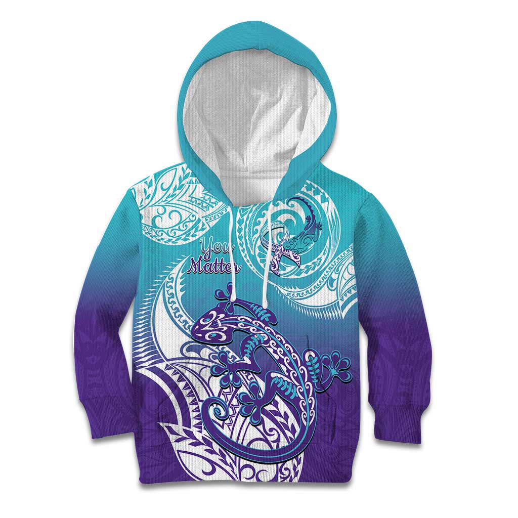 Personalised New Zealand Suicide Prevention Month Kid Hoodie You Matter NZ Fern With Maori Koru Lizard LT14 Hoodie Teal - Polynesian Pride