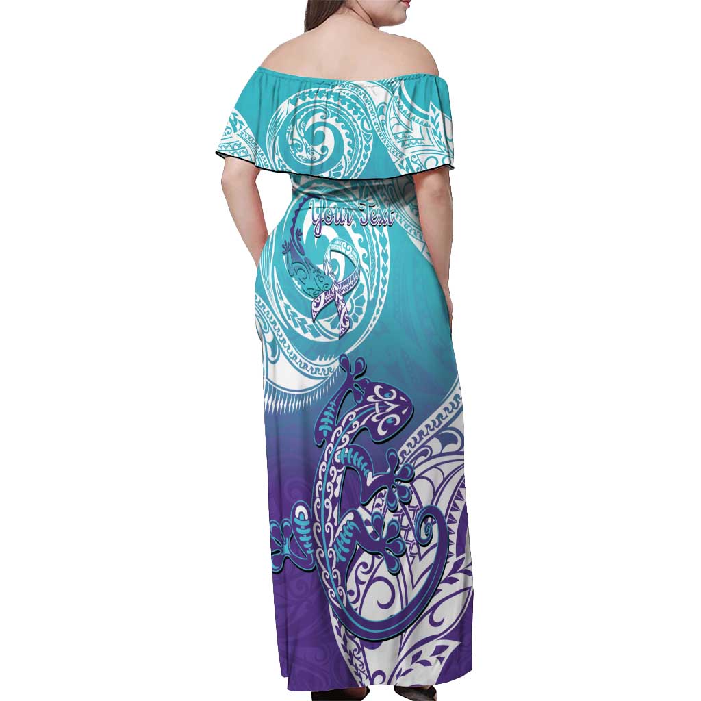 Personalised New Zealand Suicide Prevention Month Off Shoulder Maxi Dress You Matter NZ Fern With Maori Koru Lizard LT14 - Polynesian Pride