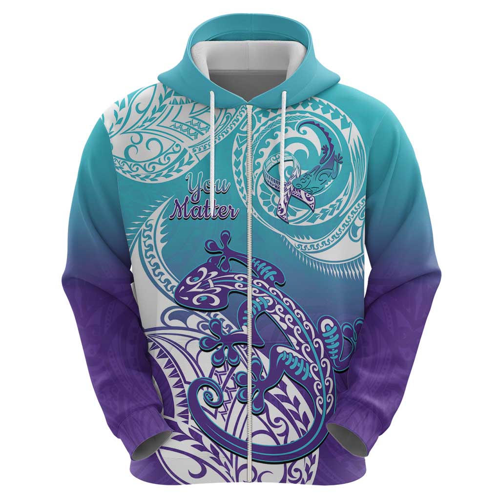 Personalised New Zealand Suicide Prevention Month Zip Hoodie You Matter NZ Fern With Maori Koru Lizard LT14 - Polynesian Pride