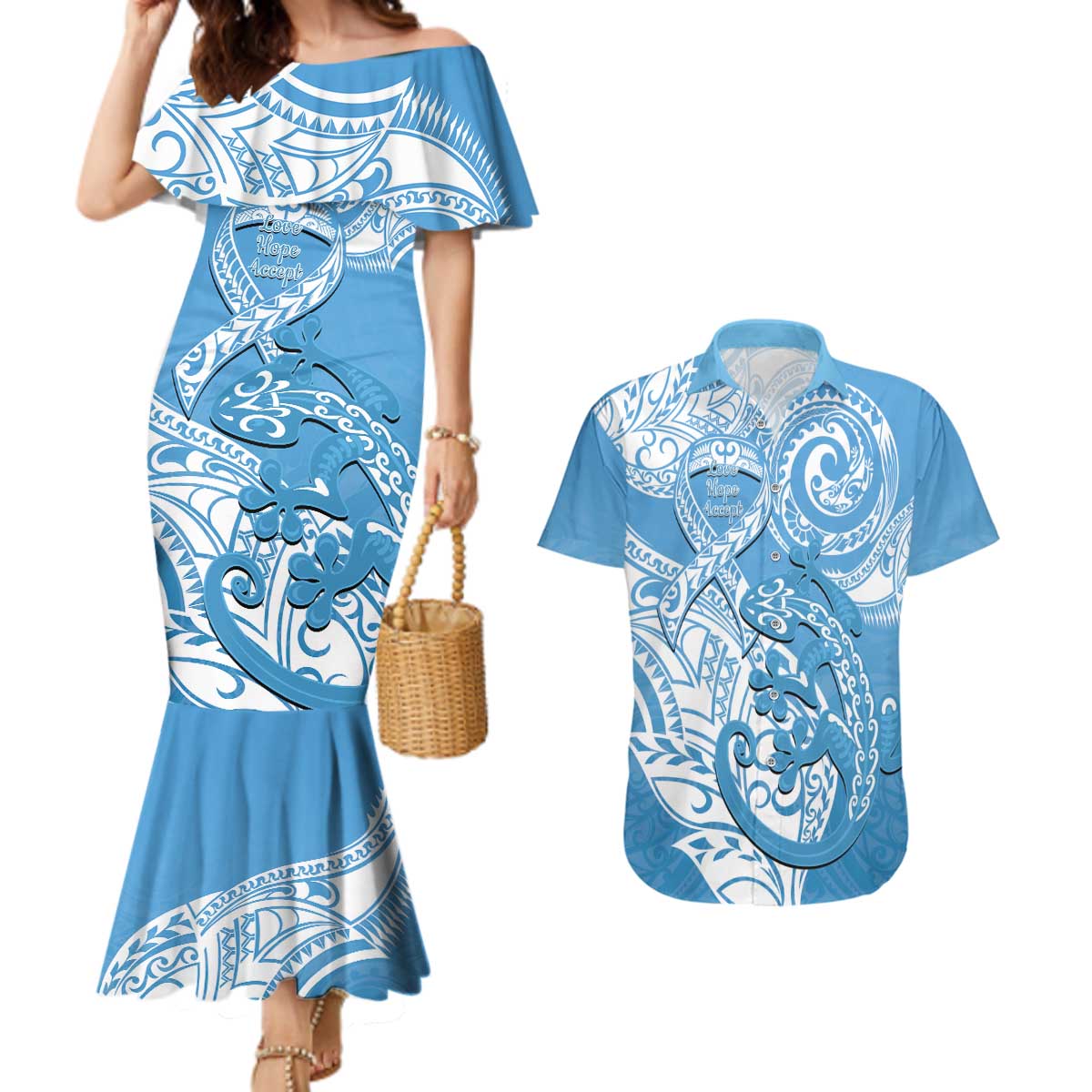 Personalised New Zealand Autism Awareness Couples Matching Mermaid Dress and Hawaiian Shirt NZ Fern With Maori Koru Lizard LT14 Blue - Polynesian Pride