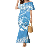 Personalised New Zealand Autism Awareness Family Matching Mermaid Dress and Hawaiian Shirt NZ Fern With Maori Koru Lizard LT14 Mom's Dress Blue - Polynesian Pride