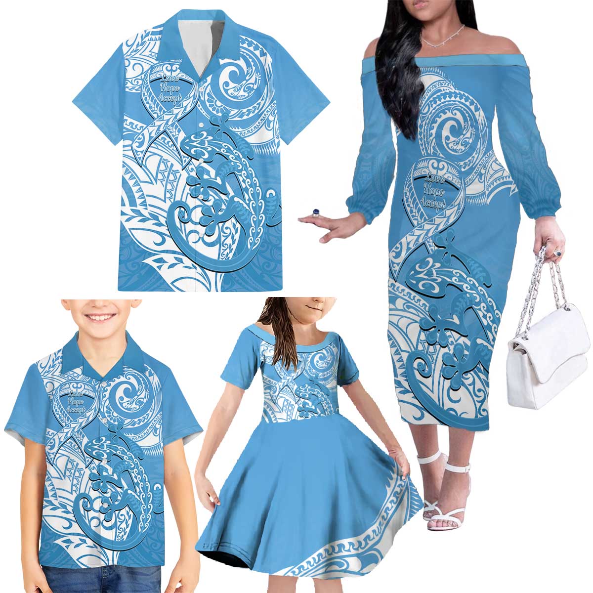Personalised New Zealand Autism Awareness Family Matching Off The Shoulder Long Sleeve Dress and Hawaiian Shirt NZ Fern With Maori Koru Lizard LT14 - Polynesian Pride