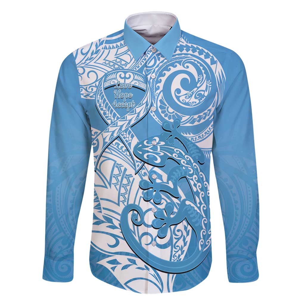 Personalised New Zealand Autism Awareness Family Matching Off Shoulder Maxi Dress and Hawaiian Shirt NZ Fern With Maori Koru Lizard LT14 Dad's Shirt - Long Sleeve Blue - Polynesian Pride